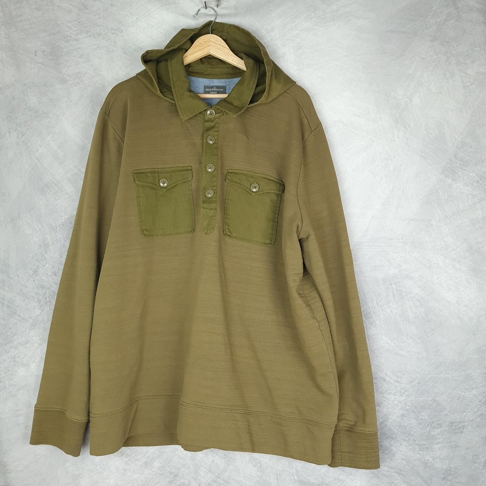 LL Bean Hooded Henley Sweatshirt Mens 2XL  Army Green Pullover Chest Pockets